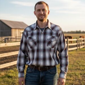 Ely Cattleman Black Red Plaid Black Snap Long Sleeve Western Shirt Size XXL